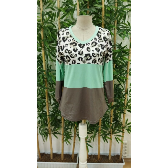 Kadın Uzun Kollu V Yakalı Leopar Baskılı şardonlu Dalgıç Bluz