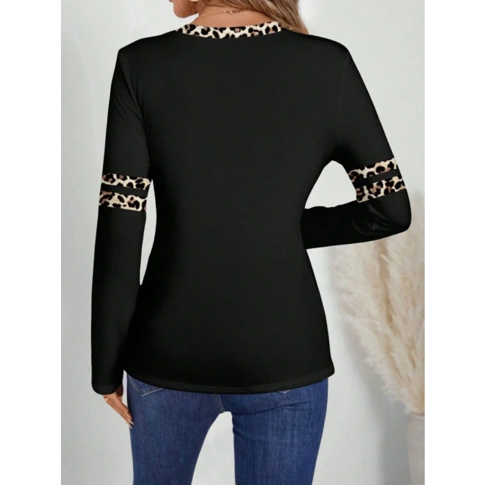 Kadın Uzun Kollu V Yakalı Leopar Desenli Viskon Iki Iplik Bluz