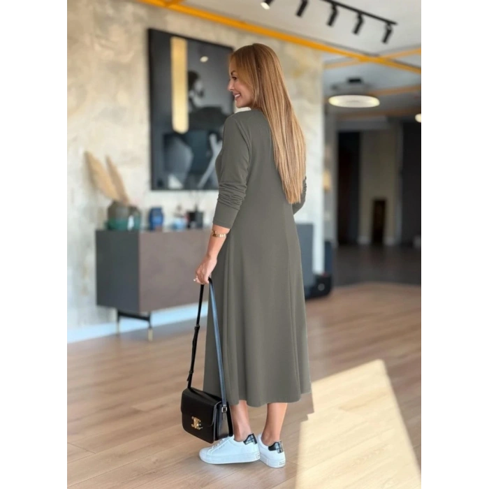 Kadın Uzun Kollu V Yakalı Midi çağla Yeşili Modal Elbise