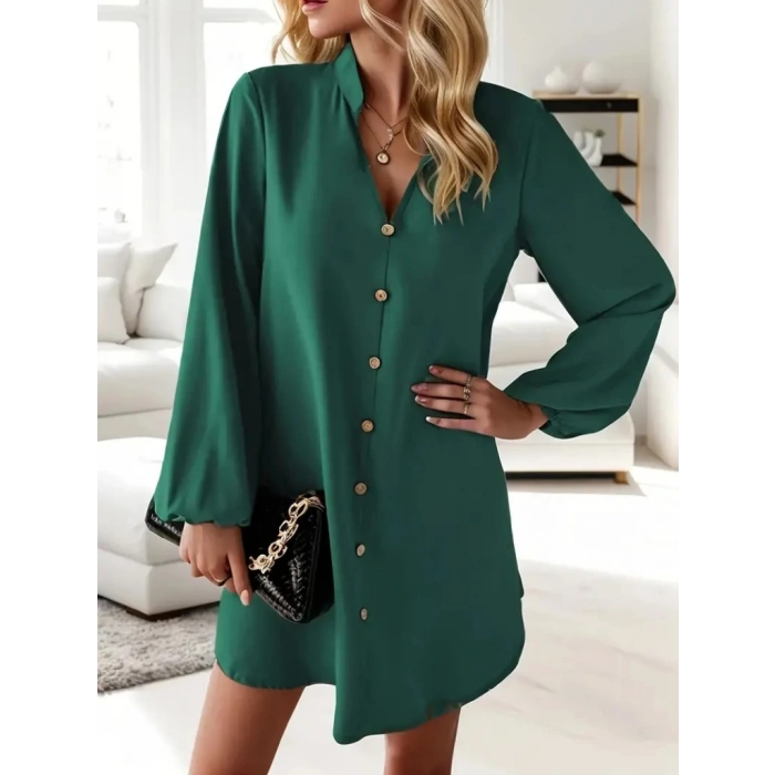 Kadın Uzun Kollu V Yakalı önden Düğmeli Kısa Sandy Elbise