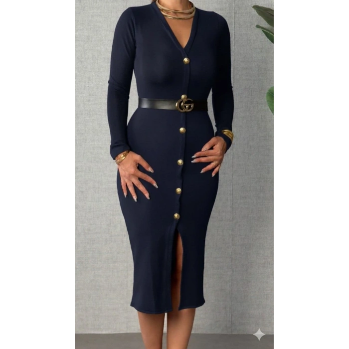 Kadın Uzun Kollu V Yakalı önden Düğmeli Yırtmaçlı Modal Midi Kemersiz Elbise