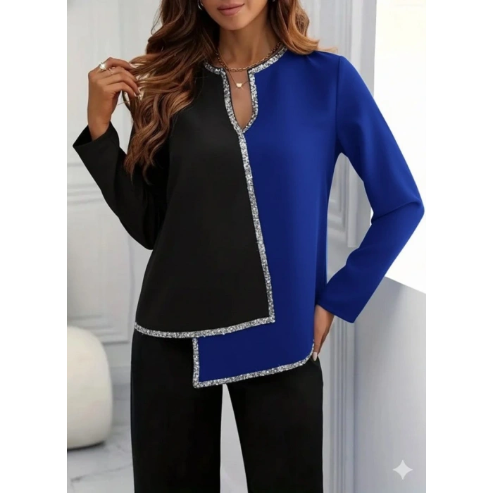 Kadın Uzun Kollu V Yakalı Pul Payet Işlemeli Ithal Krep Bluz