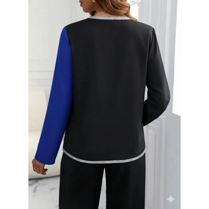 Kadın Uzun Kollu V Yakalı Pul Payet Işlemeli Ithal Krep Bluz