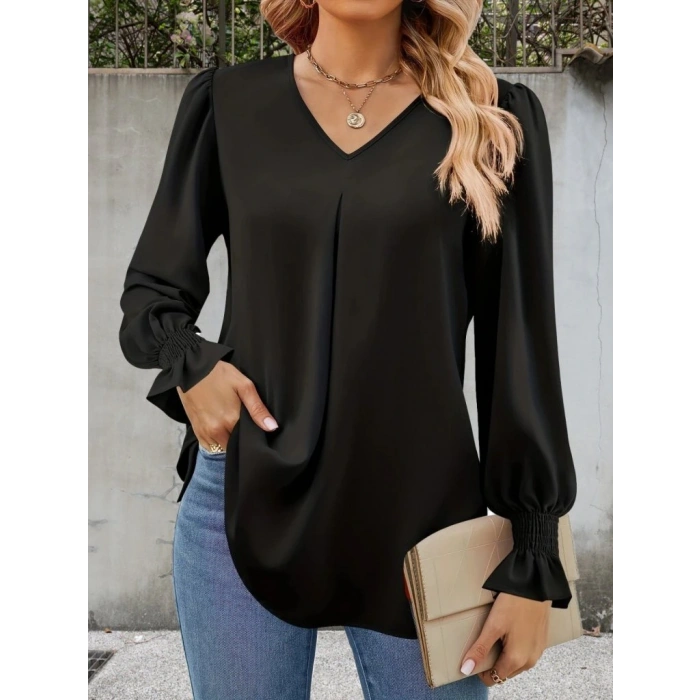 Kadın Uzun Kollu V Yakalı Salaş Ithal Krep Bluz