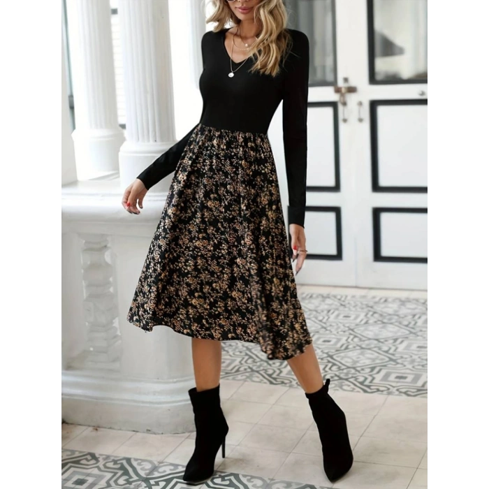 Kadın Uzun Kollu V Yakalı üst Viskon Alt çiçek Desenli Süprem Kısa Elbise