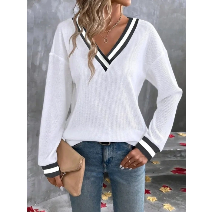 Kadın Uzun Kollu V Yakalı Waffle Bluz