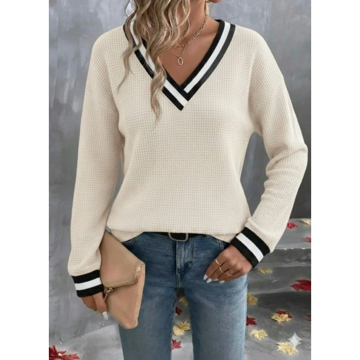 Kadın Uzun Kollu V Yakalı Waffle Bluz