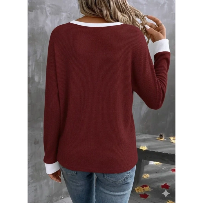 Kadın Uzun Kollu V Yakalı Waffle Bluz