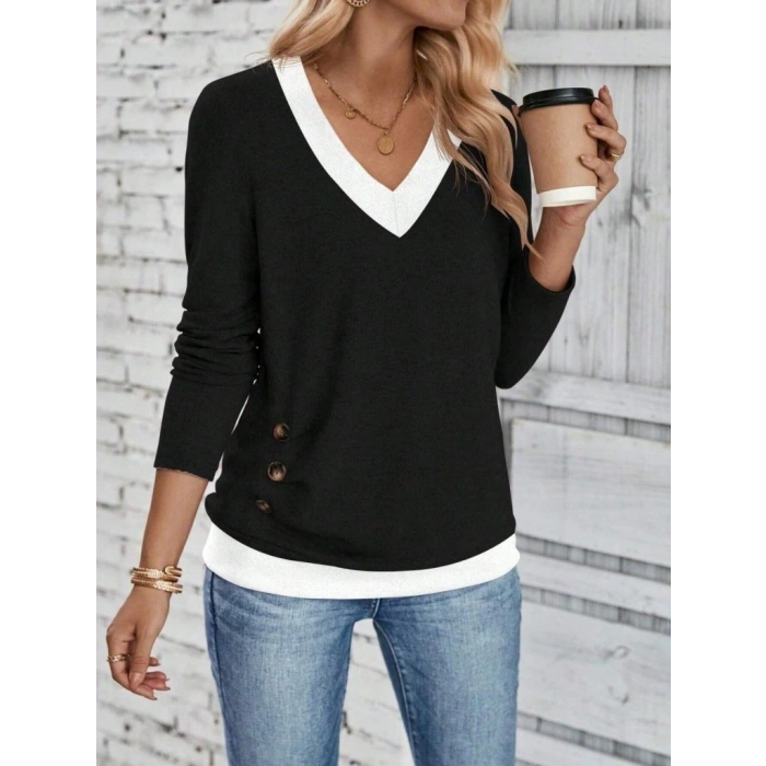 Kadın Uzun Kollu V Yakalı Yandan Düğmeli Yün Viskon Bluz