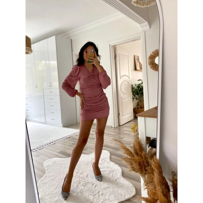 Kadın Uzun Kollu V Yakalı Yanlardan Büzgülü Kısa Sandy Elbise