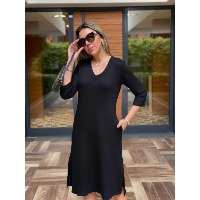 Kadın Uzun Kollu V Yakalı Yanlardan Yırtmaçlı Viskon Iki Iplik Midi Elbise