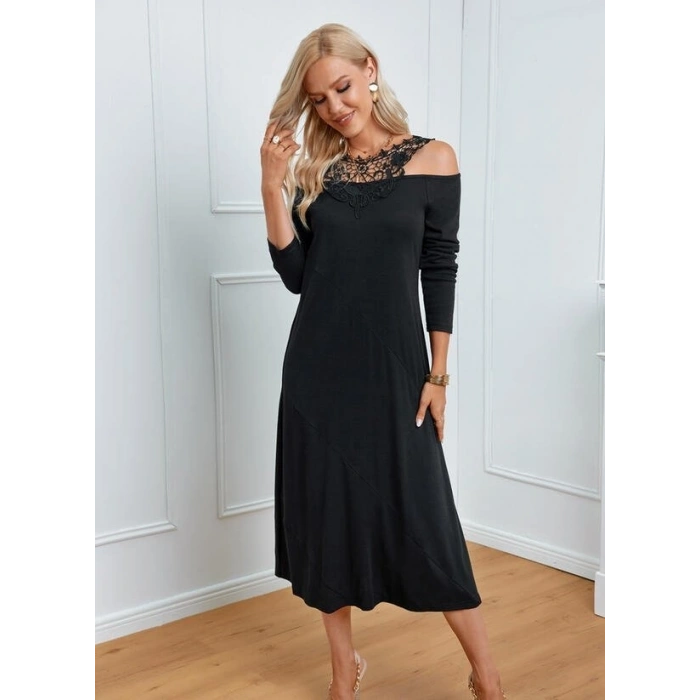 Kadın Uzun Kollu Yaka önü Güpürlü Madonna Yaka Viskon Midi Boy Elbise