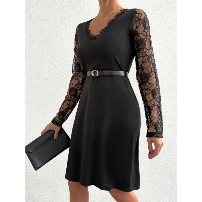 Kadın Uzun Kollu Yaka Ve Kol Dantel Detay Sandy Mini Boy Elbise