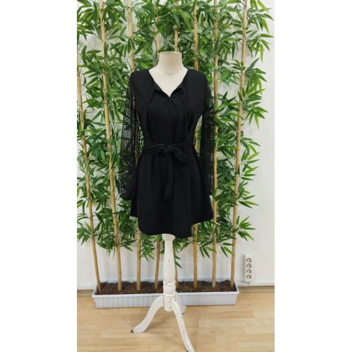 Kadın Uzun Kollu Yakadan Bağcıklı Belden Kuşaklı Ithal Krep Elbise