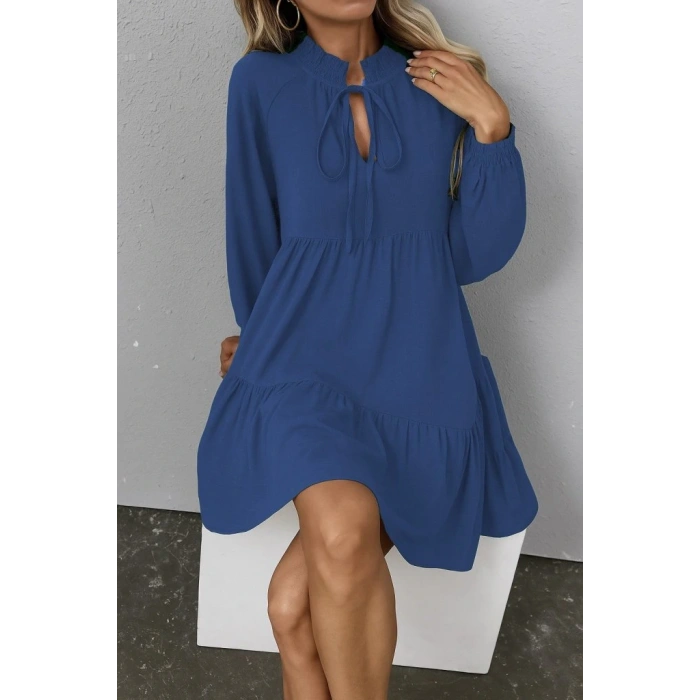 Kadın Uzun Kollu Yakadan Bağcıklı Fırfırlı Keten Mini Elbise