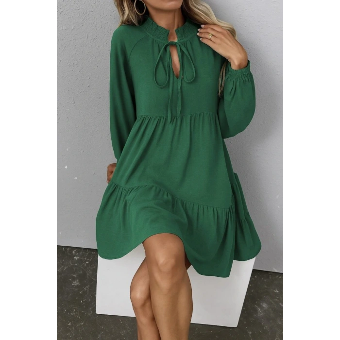 Kadın Uzun Kollu Yakadan Bağcıklı Fırfırlı Keten Mini Elbise