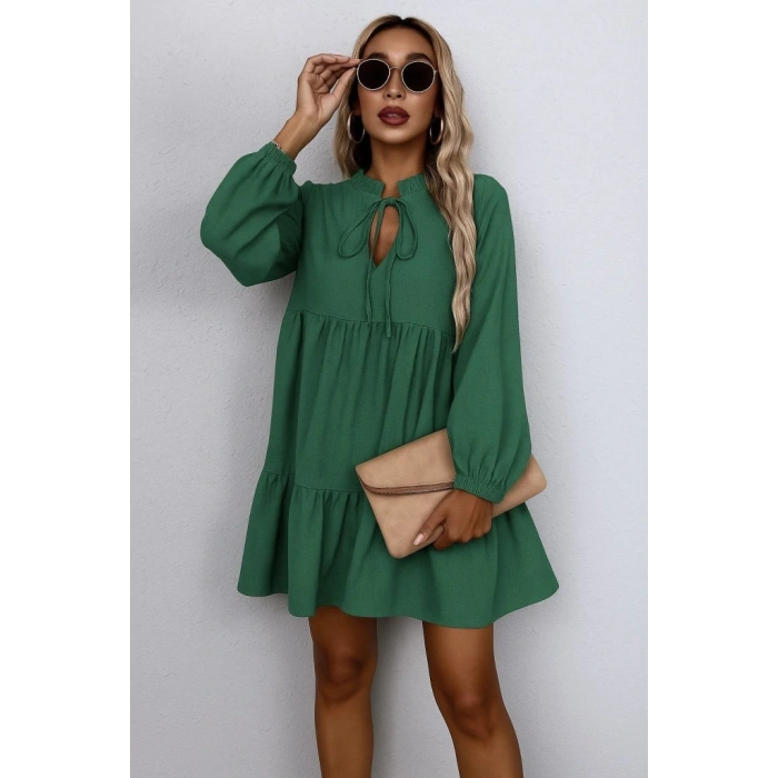Kadın Uzun Kollu Yakadan Bağcıklı Fırfırlı Keten Mini Elbise