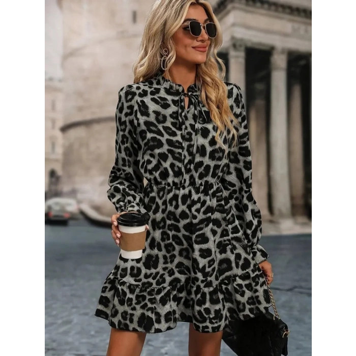 Kadın Uzun Kollu Yakadan Bağlamalı Beli Lastikli şardonlu Dalgıç Elbise