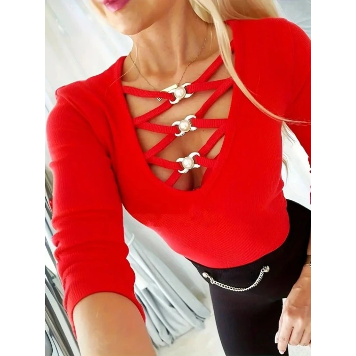 Kadın Uzun Kollu Yakadan çapraz Detaylı Kaşkorse Bluz