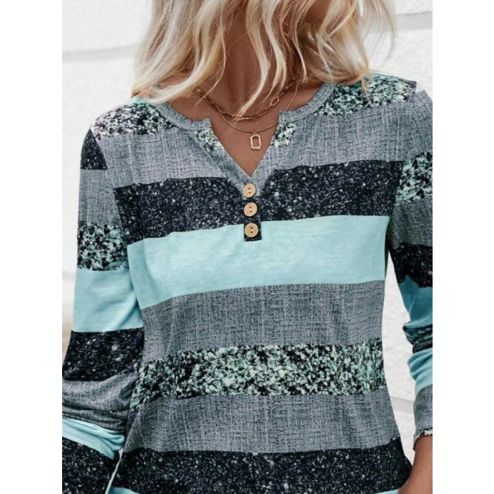 Kadın Uzun Kollu Yakadan Düğmeli çizgili Desenli Süprem Bluz