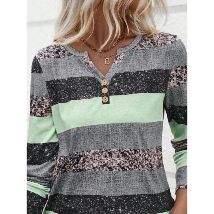 Kadın Uzun Kollu Yakadan Düğmeli çizgili Desenli Süprem Bluz