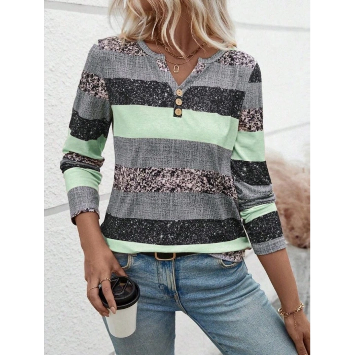 Kadın Uzun Kollu Yakadan Düğmeli çizgili Desenli Süprem Bluz