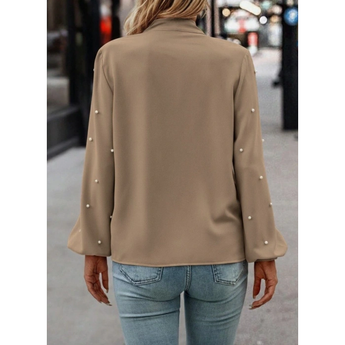 Kadın Uzun Kollu Yakadan Fiyonklu Incili Ithal Krep Bluz