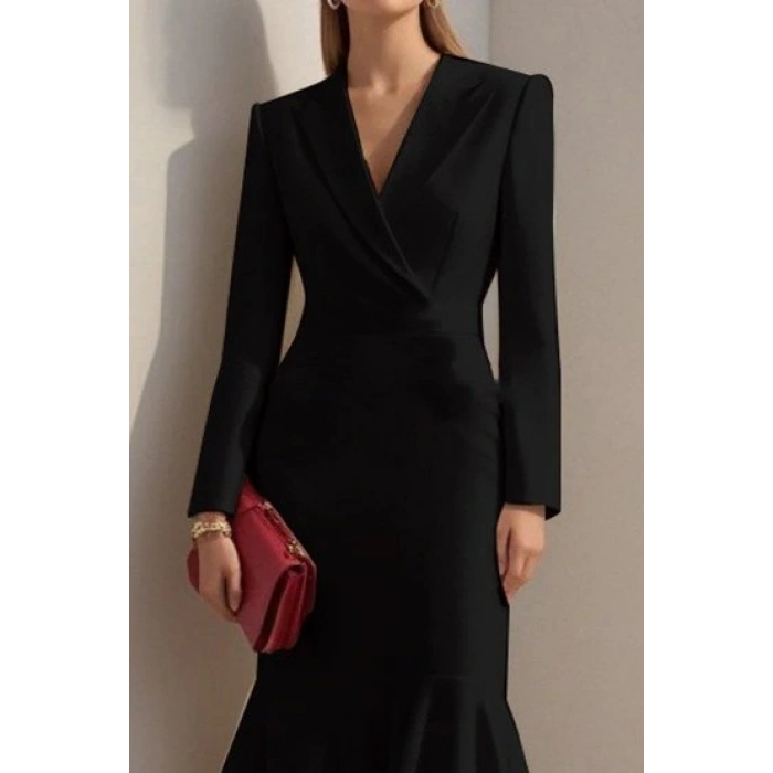 Kadın Uzun Kollu Yakalı Belden Oturtmalı Midi Ithal Krep Elbise