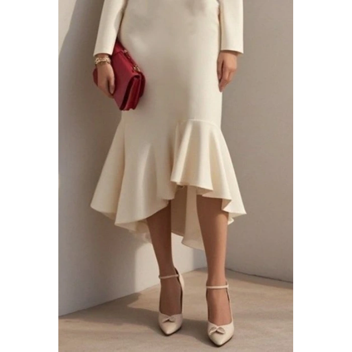 Kadın Uzun Kollu Yakalı Belden Oturtmalı Midi Ithal Krep Elbise