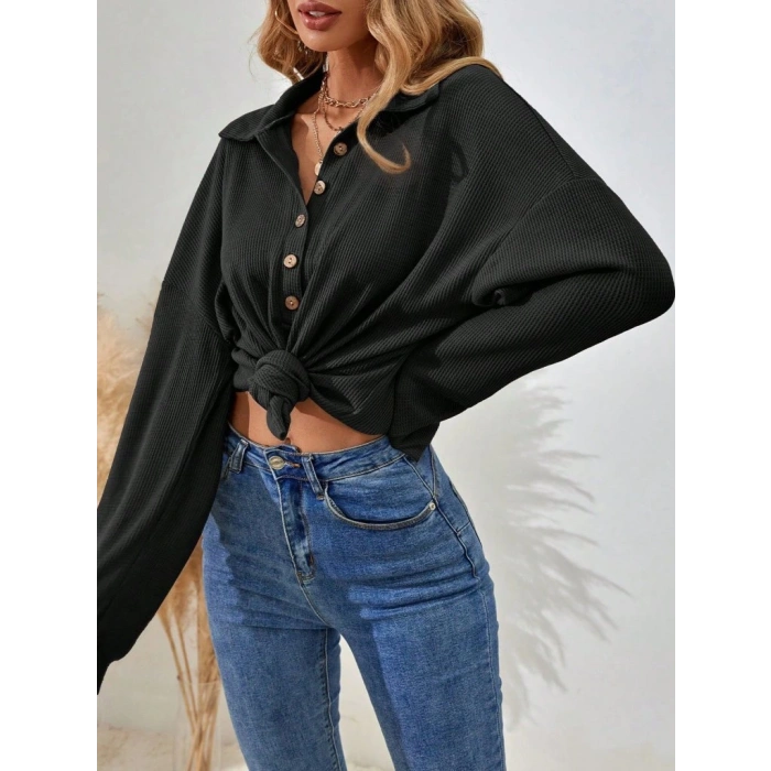 Kadın Uzun Kollu Yakalı Düğmeli Salaş Waffle Bluz