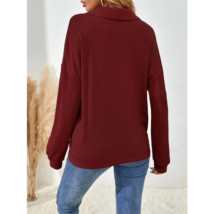 Kadın Uzun Kollu Yakalı Düğmeli Salaş Waffle Bluz