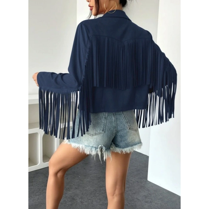 Kadın Uzun Kollu Yakalı Kısa Püsküllü Süet Ceket