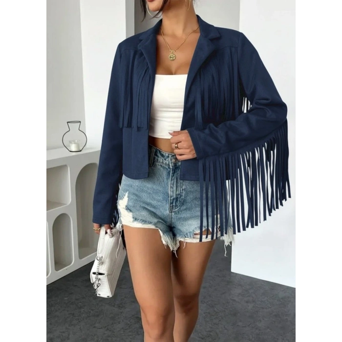 Kadın Uzun Kollu Yakalı Kısa Püsküllü Süet Ceket