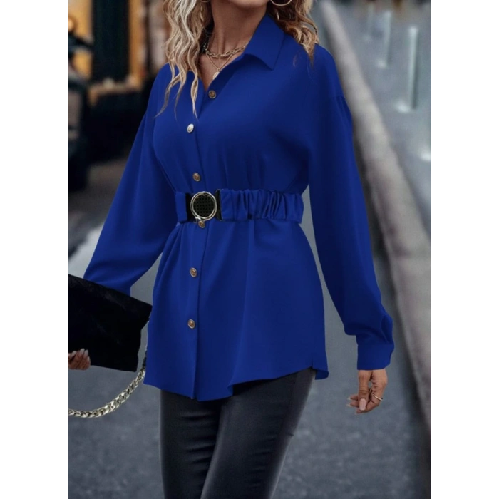 Kadın Uzun Kollu Yakalı önden Düğmeli Belden Kemerli Ithal Krep Bluz