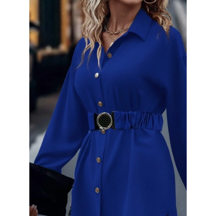 Kadın Uzun Kollu Yakalı önden Düğmeli Belden Kemerli Ithal Krep Bluz