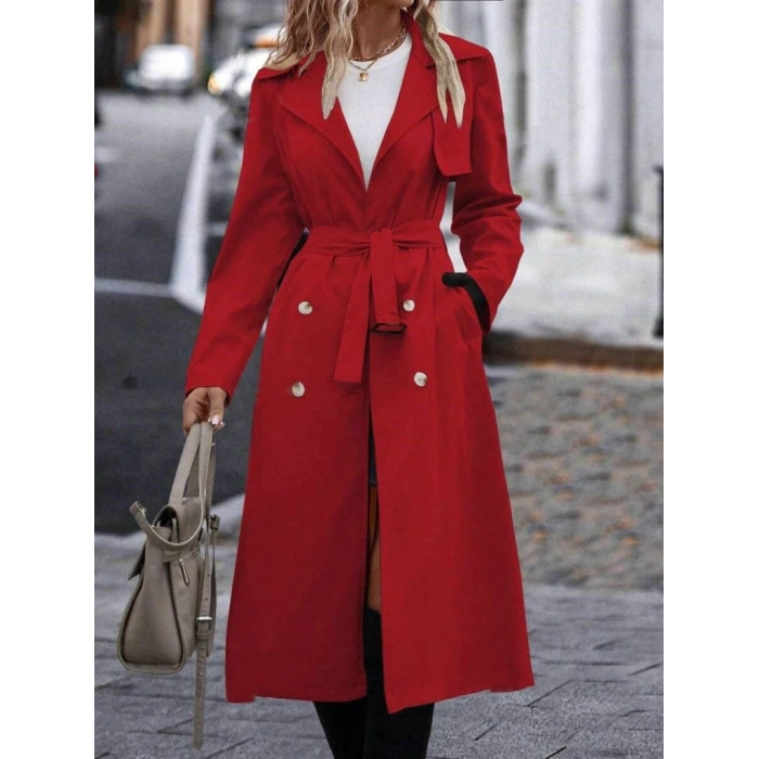 Kadın Uzun Kollu Yakalı önden Düğmeli Beli Kuşaklı Midi Gabardin Trençkot