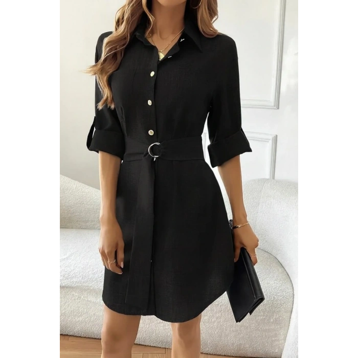 Kadın Uzun Kollu Yakalı önden Düğmeli Beli Kuşaklı Mini Ithal Keten Elbise