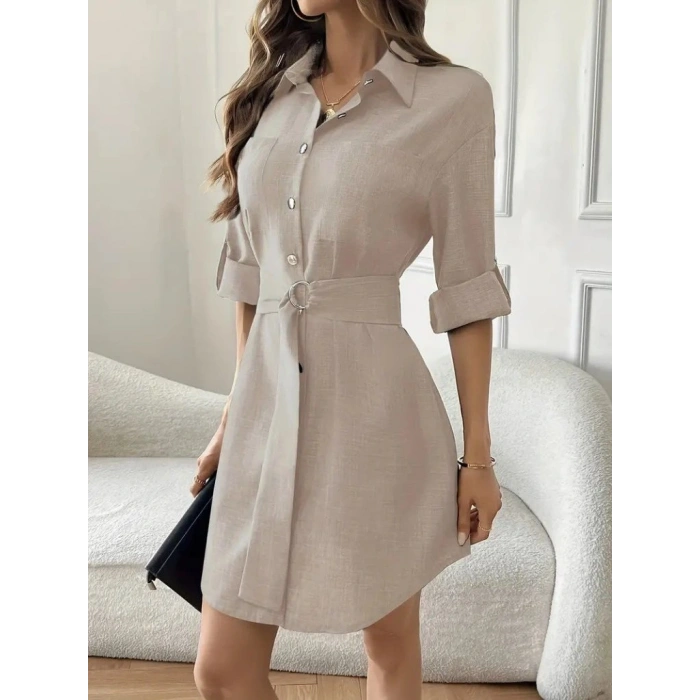 Kadın Uzun Kollu Yakalı önden Düğmeli Beli Kuşaklı Mini Ithal Keten Elbise