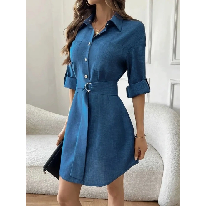 Kadın Uzun Kollu Yakalı önden Düğmeli Beli Kuşaklı Mini Ithal Keten Elbise