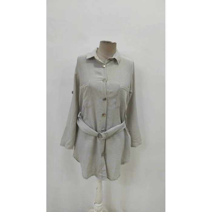 Kadın Uzun Kollu Yakalı önden Düğmeli Beli Kuşaklı Mini Ithal Keten Elbise