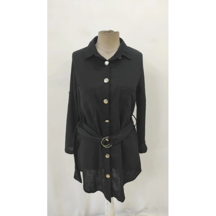 Kadın Uzun Kollu Yakalı önden Düğmeli Beli Kuşaklı Mini Ithal Keten Elbise