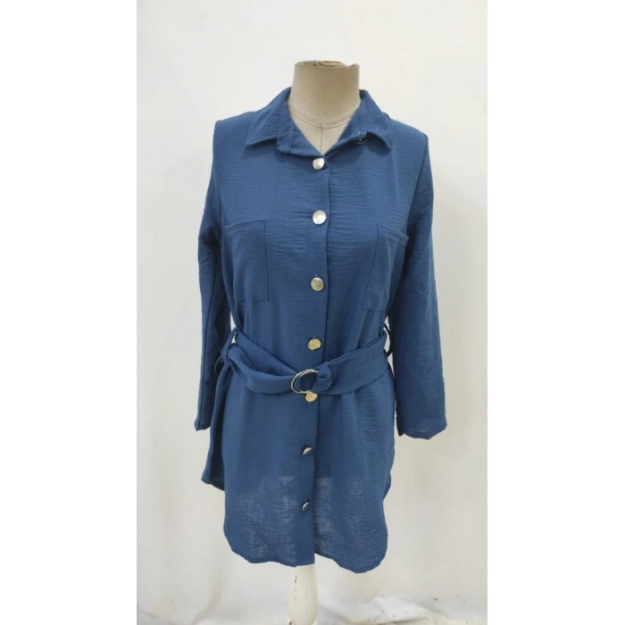 Kadın Uzun Kollu Yakalı önden Düğmeli Beli Kuşaklı Mini Ithal Keten Elbise