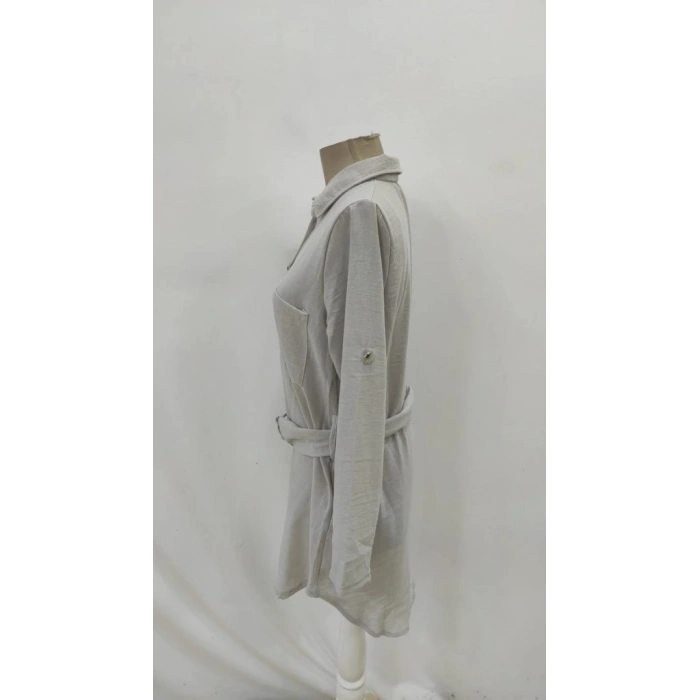 Kadın Uzun Kollu Yakalı önden Düğmeli Beli Kuşaklı Mini Ithal Keten Elbise