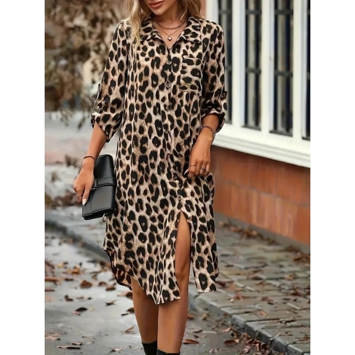 Kadın Uzun Kollu Yakalı önden Düğmeli Leopar Desenli Modal Midi Elbise
