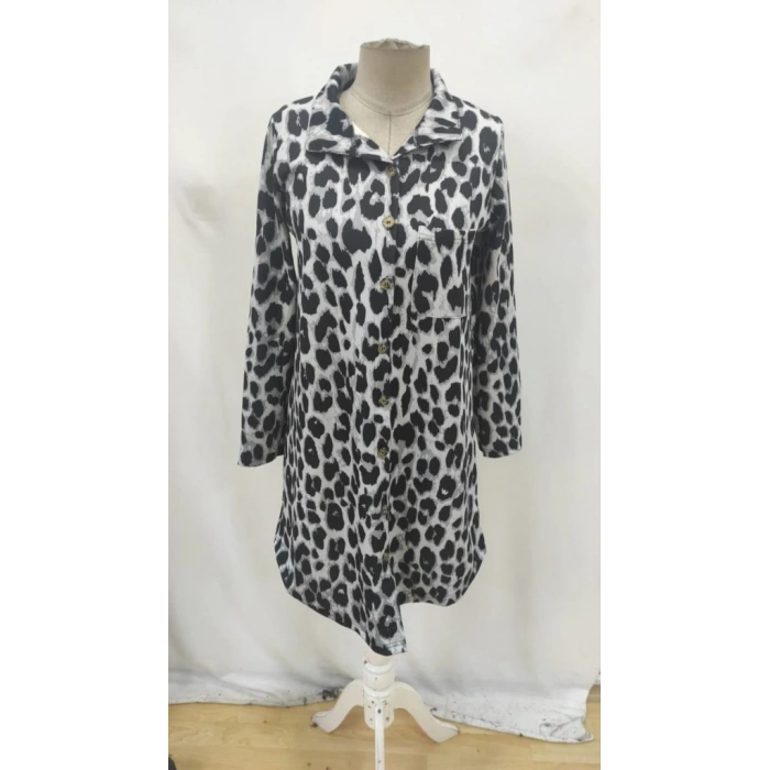 Kadın Uzun Kollu Yakalı önden Düğmeli Leopar Desenli Modal Midi Elbise