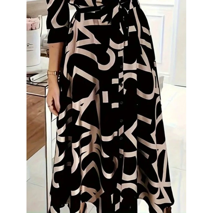 Kadın Uzun Kollu Yakalı önden Düğmeli Uzun Süprem Elbise