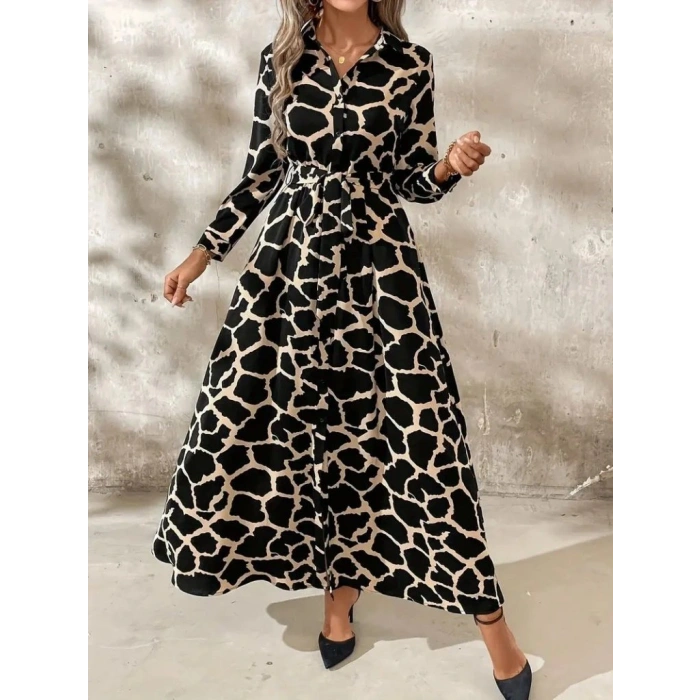 Kadın Uzun Kollu Yakalı önü Düğmeli Desenli Belden Kuşaklı Uzun Süprem Elbise