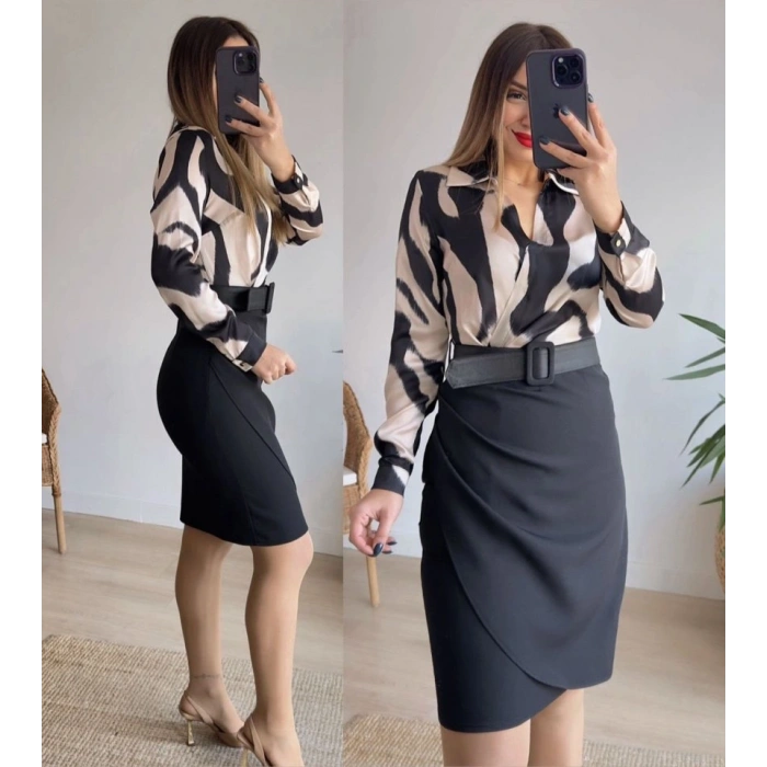 Kadın Uzun Kollu Yakalı üst Dalgıç Eteği Krep Kemerli Elbise