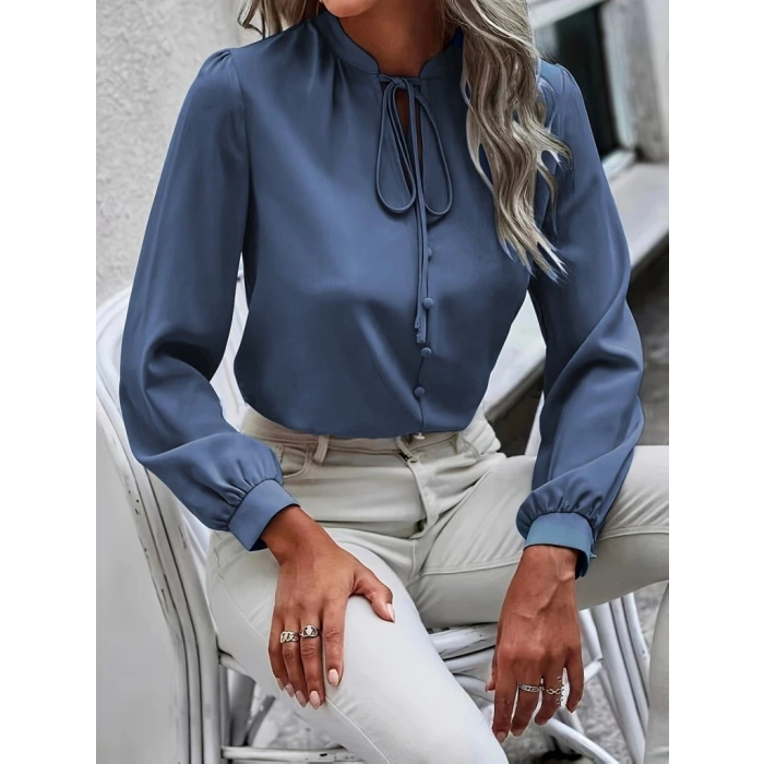 Kadın Uzun Kollu Yakalı Yakadan Bağcıklı Düğmeli Sandy Bluz