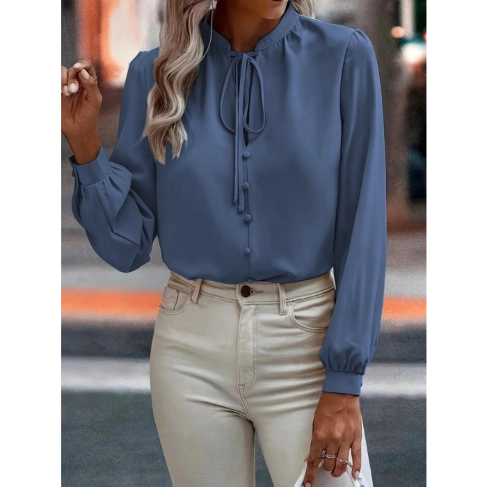 Kadın Uzun Kollu Yakalı Yakadan Bağcıklı Düğmeli Sandy Bluz